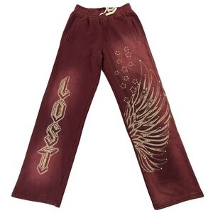 Lost Intricacy Burgundy Rhinestone Wing Graphic Sweatpants Large New With Tags